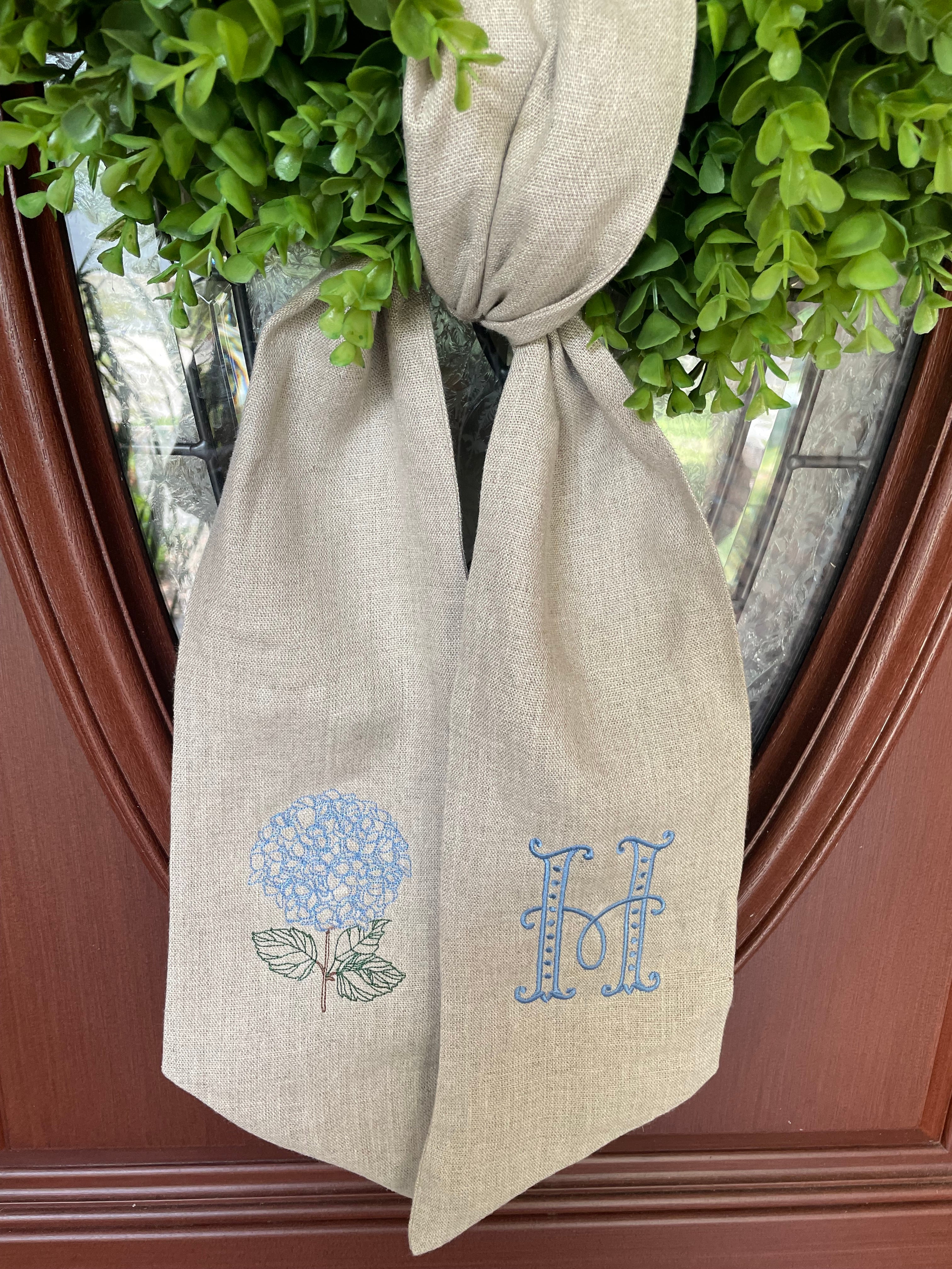 Beautiful, Personalized Embroidered Hydrangea and Initial Wreath Sash