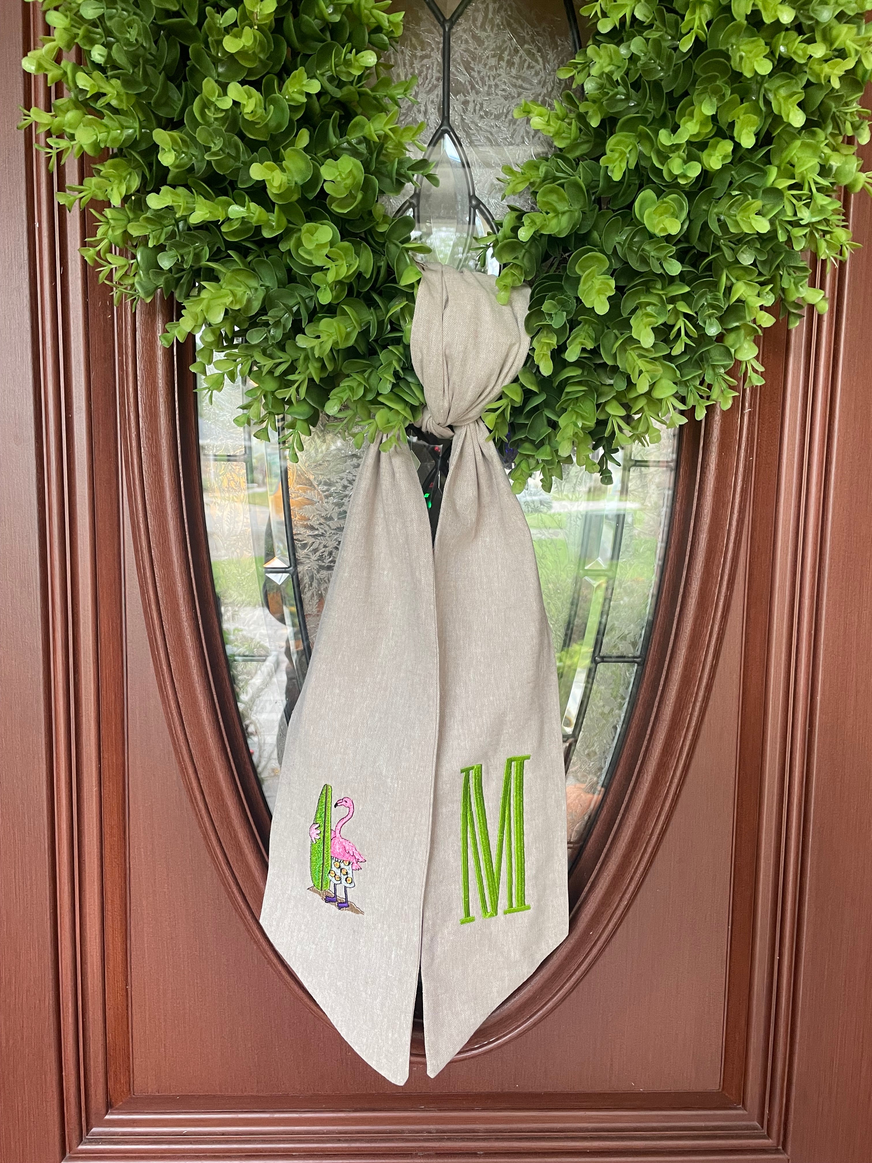 Personalized Embroidered Flamingo With Surfboard Wreath Sash