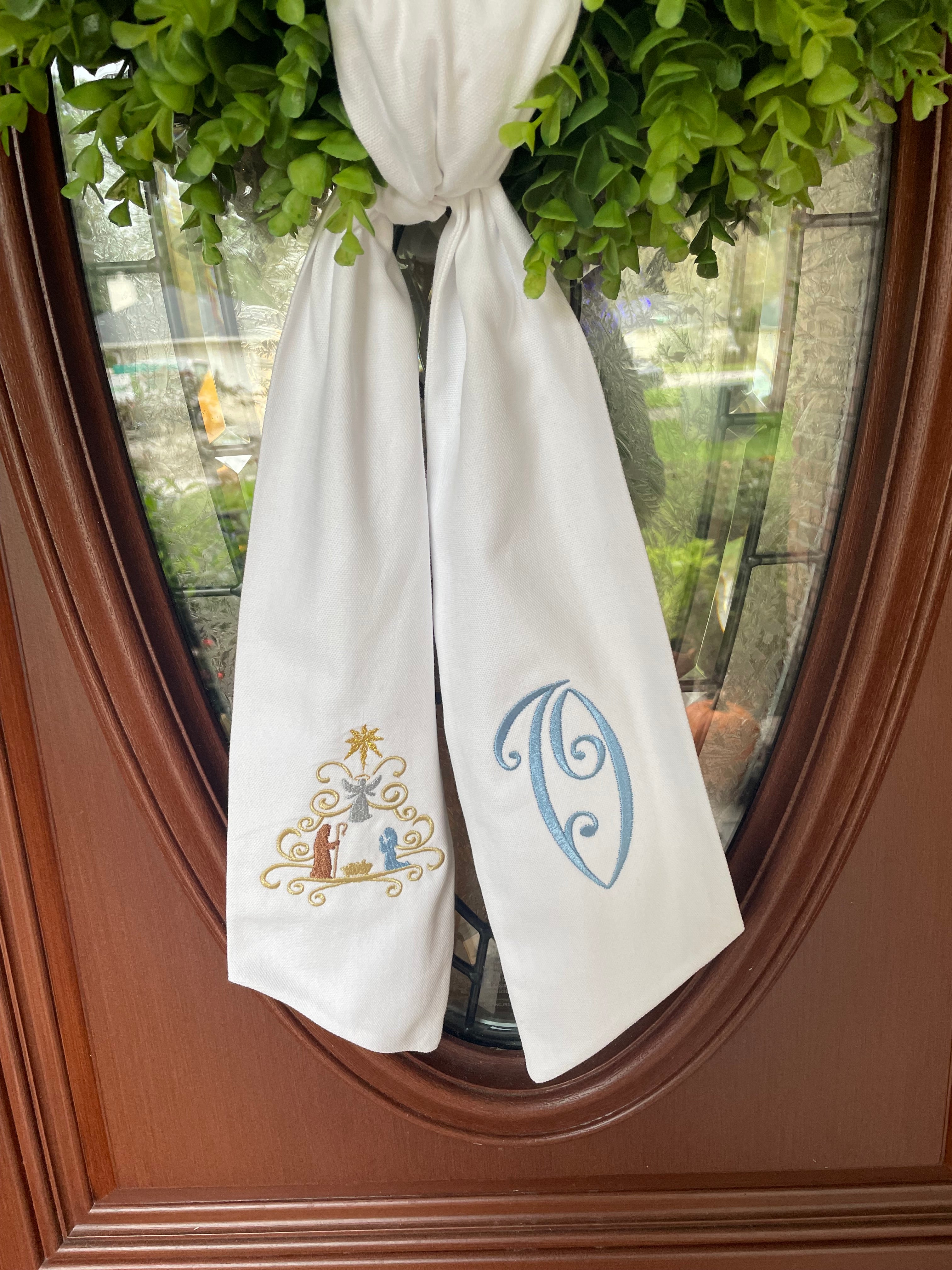 Personalized Embroidered Christmas Wreath Sash With Manger Scene