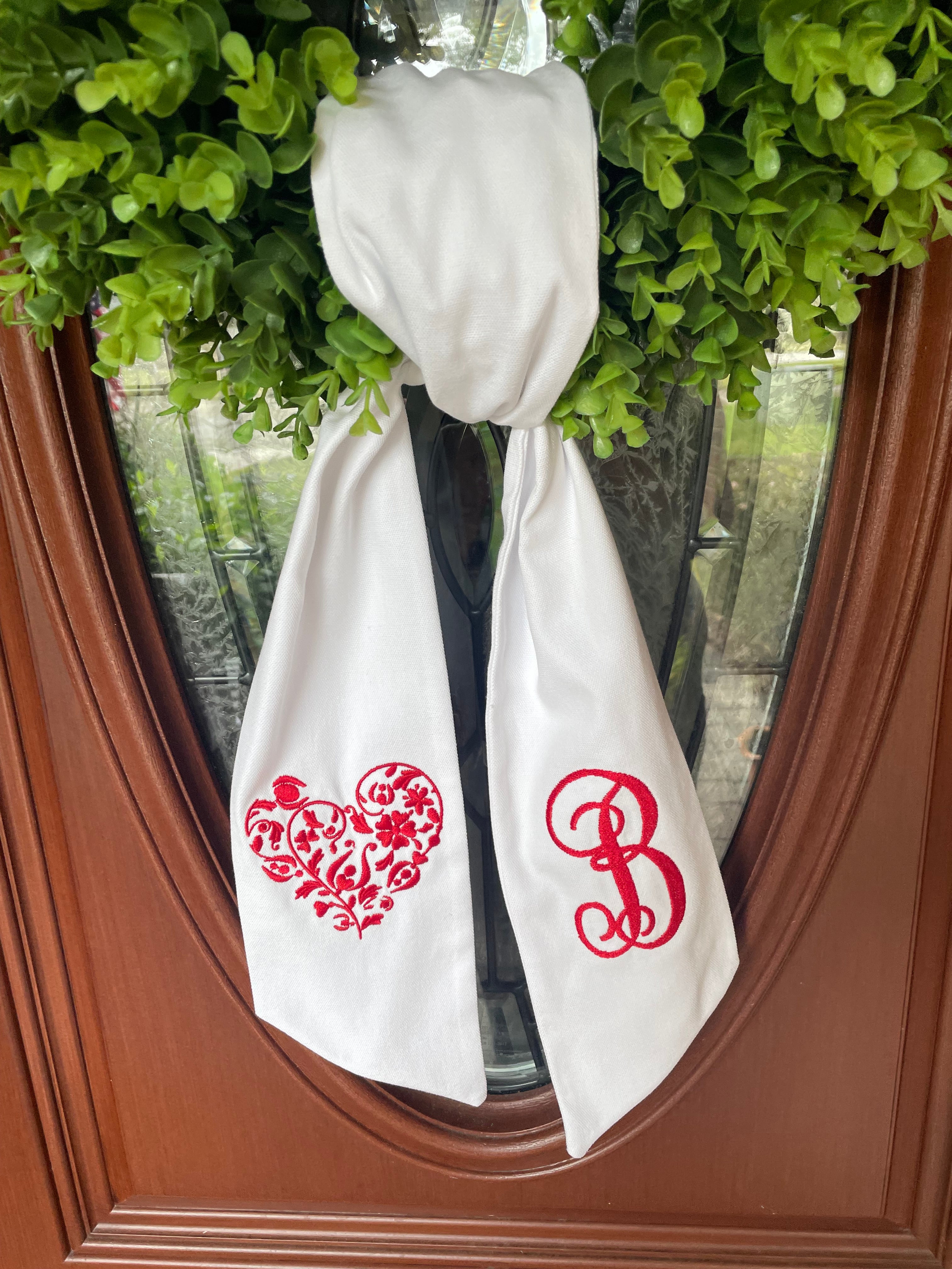 Personalized Valentine Linen Fabric Wreath Sash Embroidered in Red