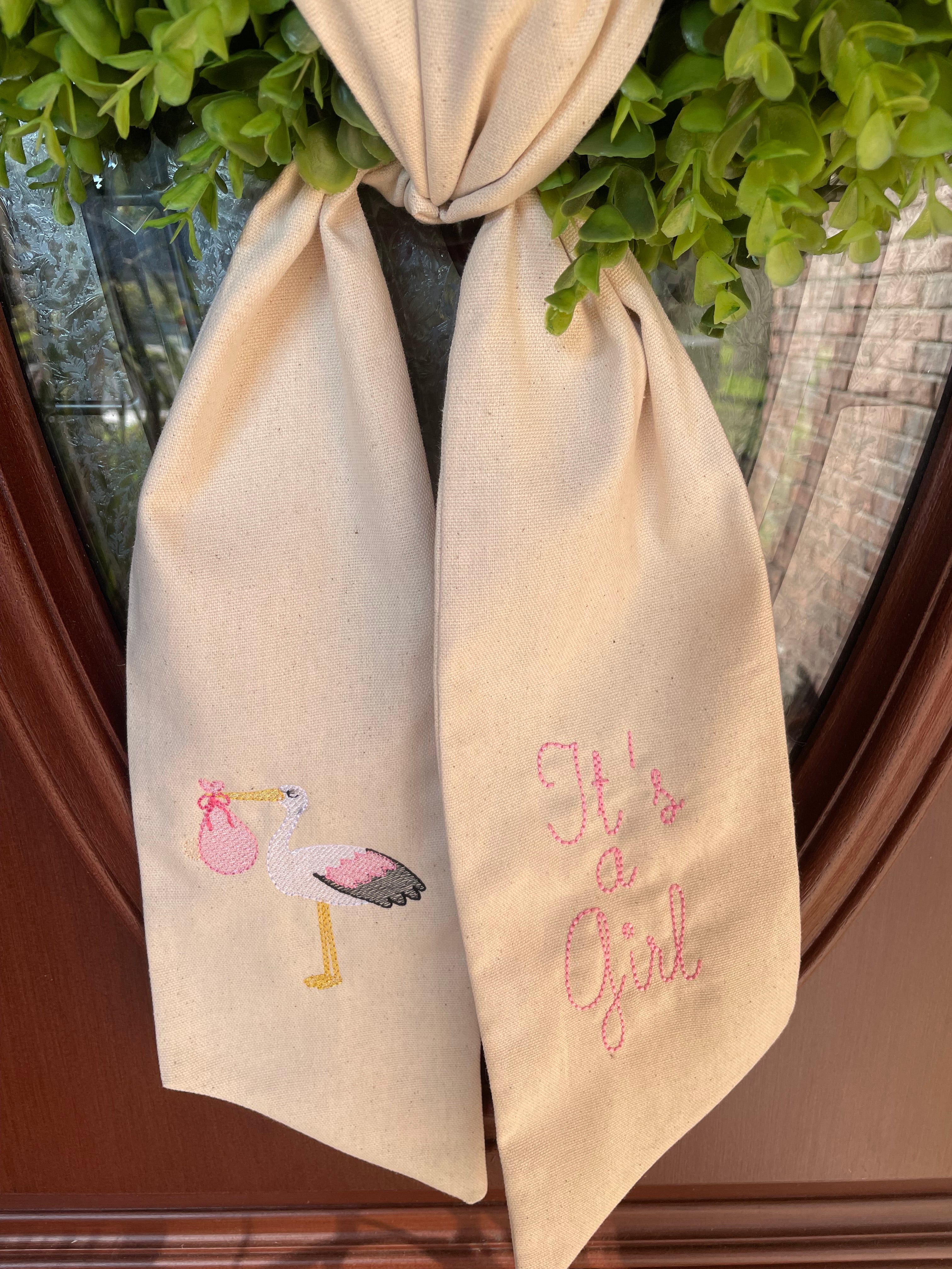 Embroidered Stork With It's A Girl Wreath Sash