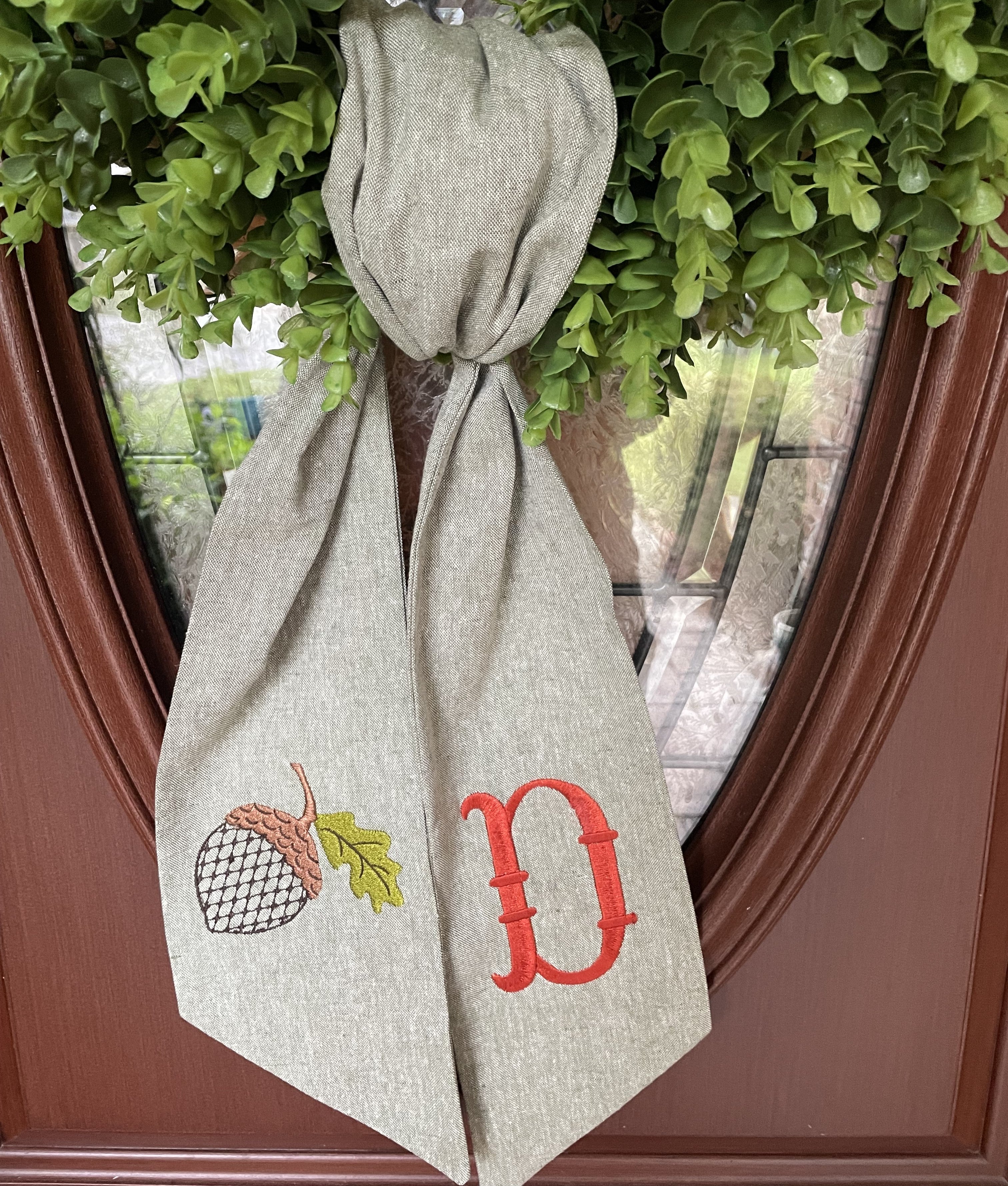 Personalized Fall Wreath Sash with Chinoiserie Acorn