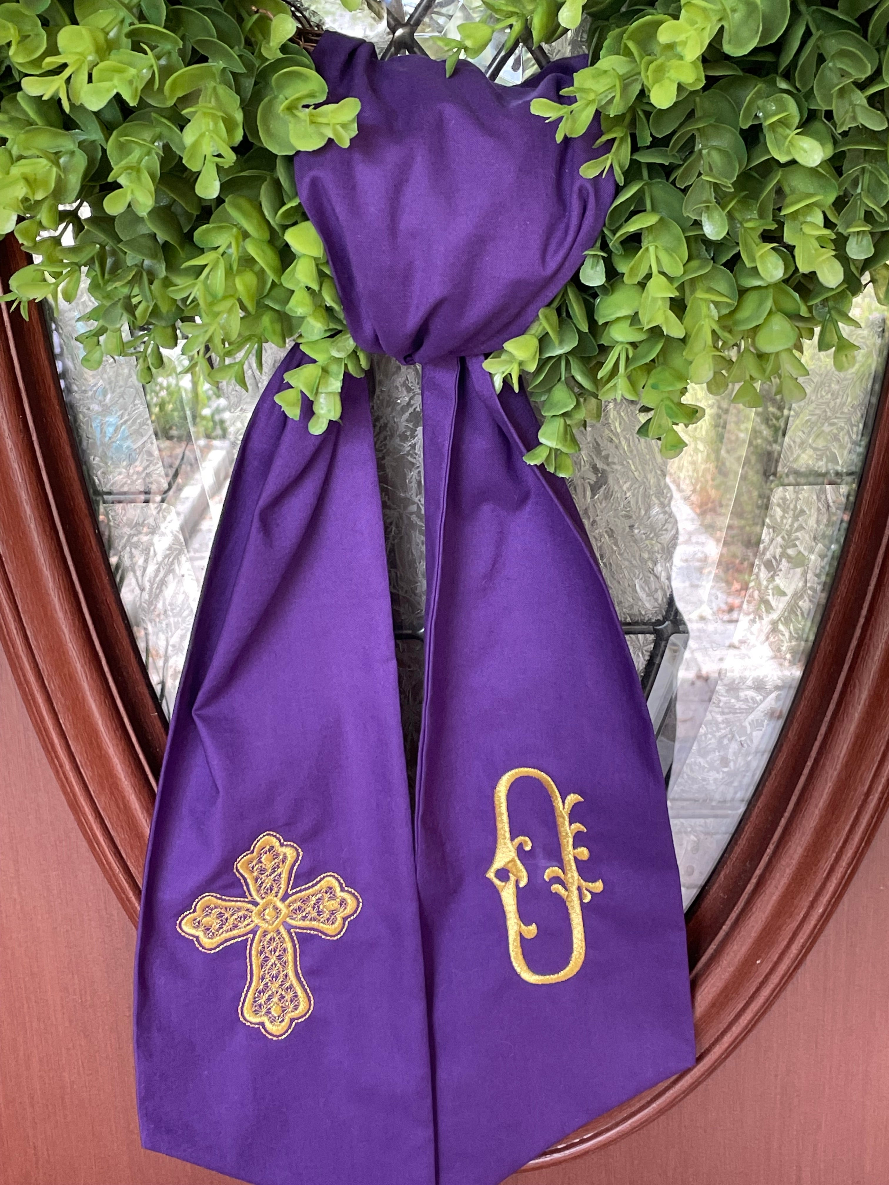 Personalized, Embroidered Cross Wreath Sash Sewn With Metallic Gold Thread
