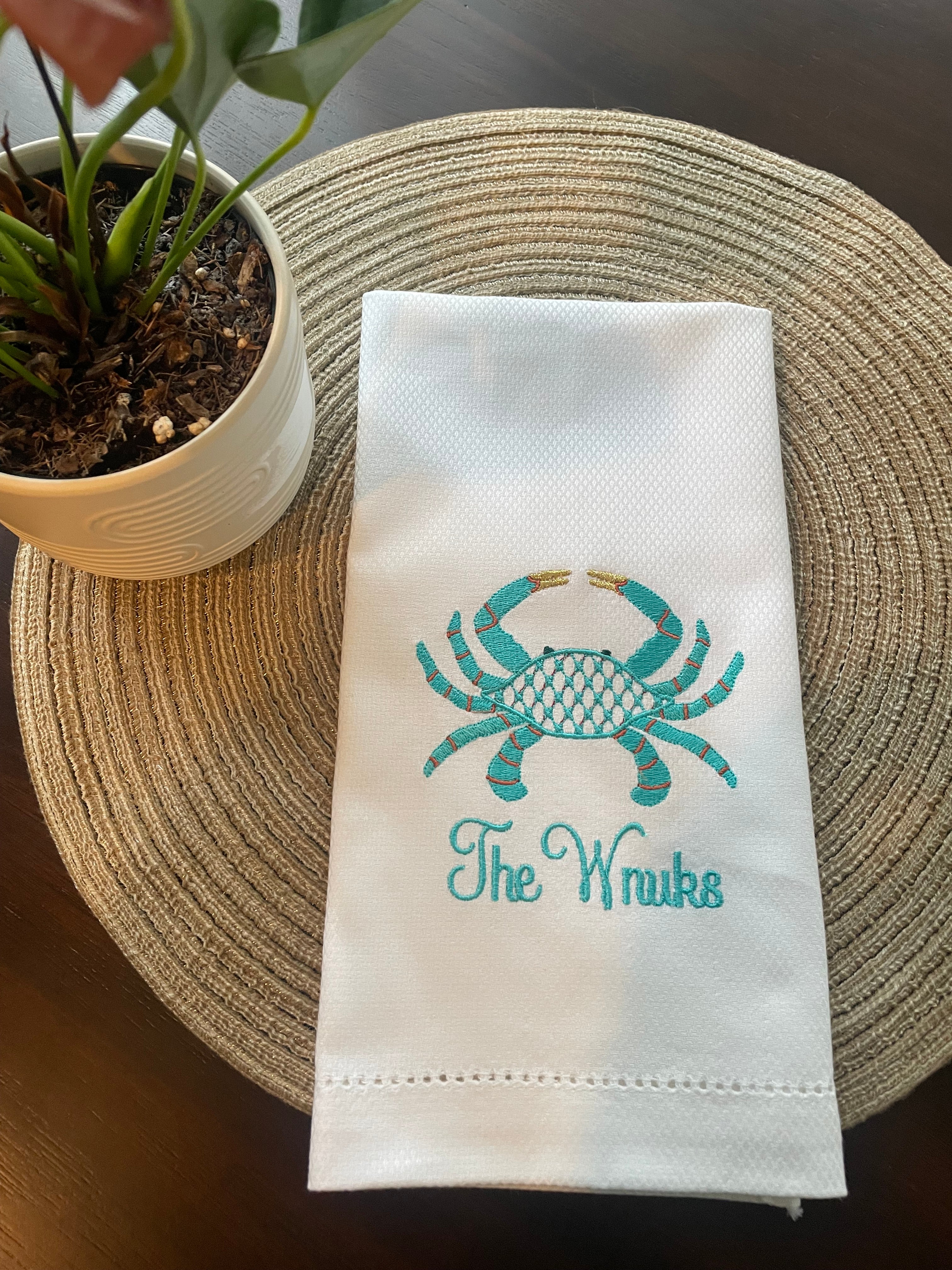 Chic, Embroidered, Personalized Crab Tea Towel