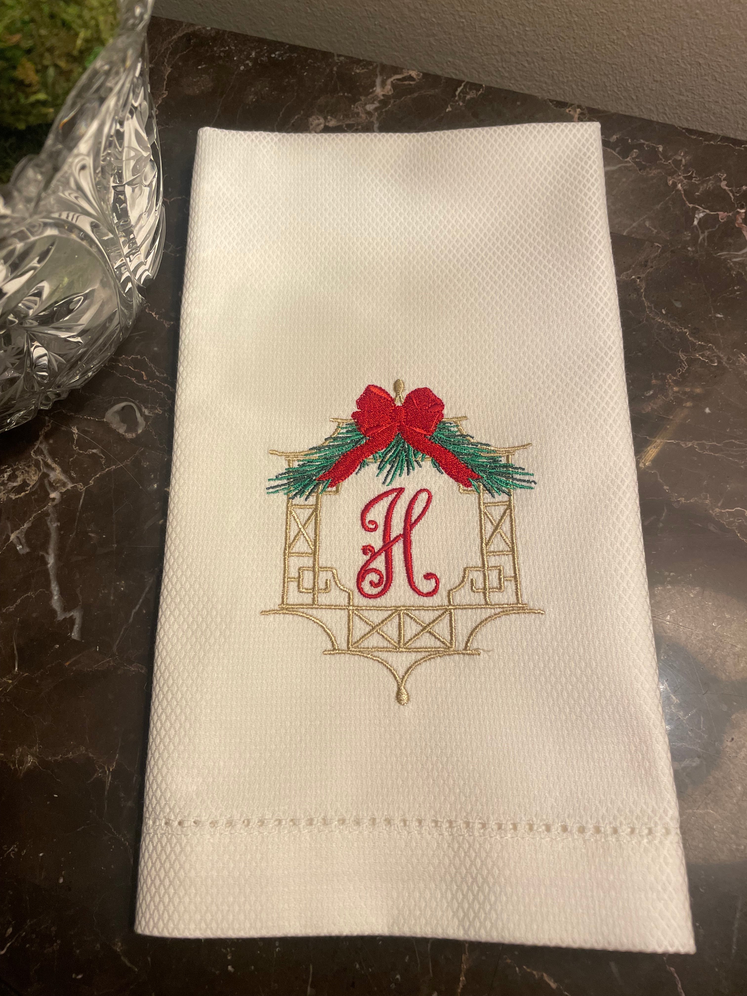 Personalized, Monogrammed Chinoiserie Pagoda Christmas Towel
