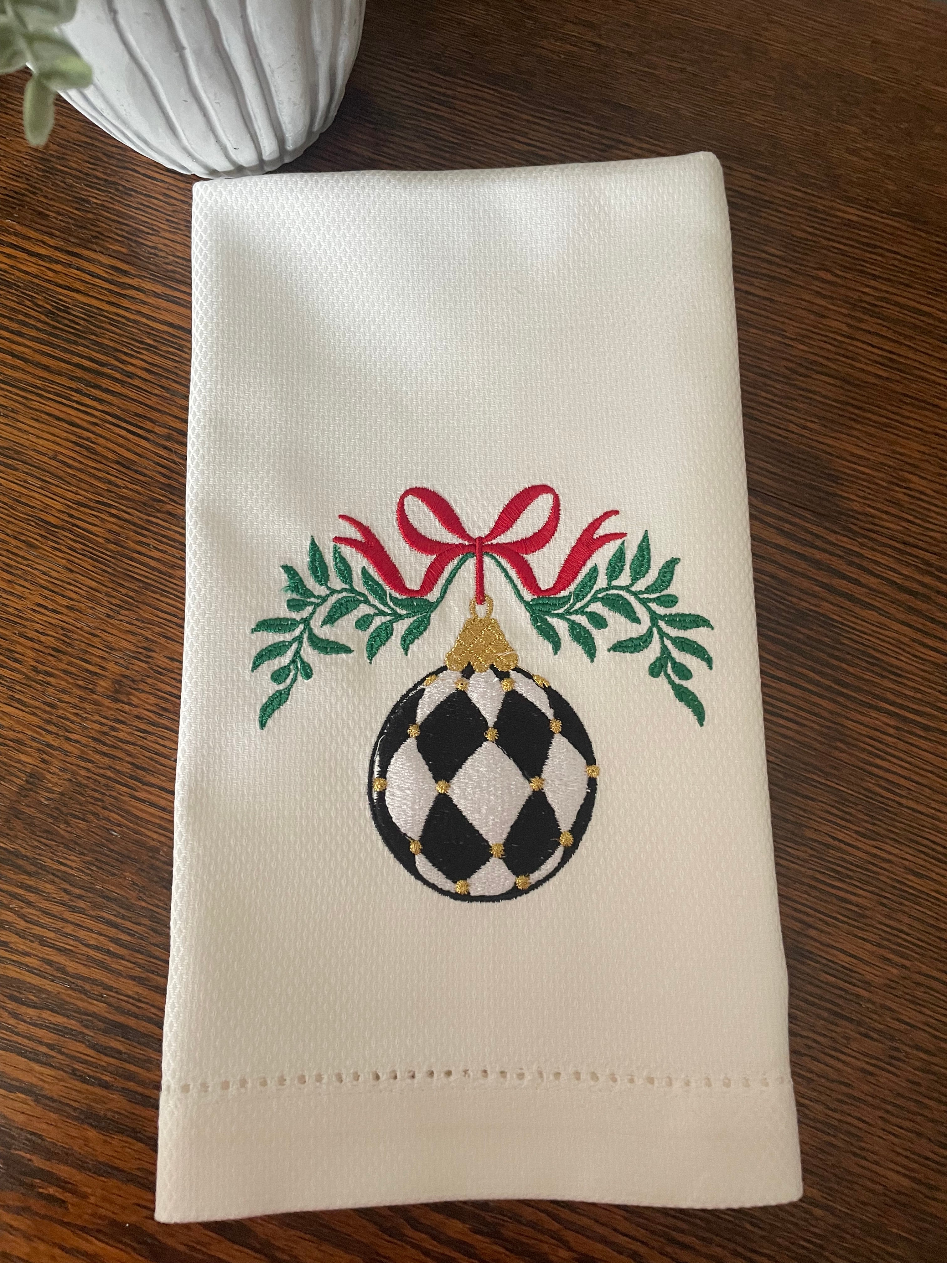 Embroidered Christmas White and Black Checkered Huck Towel