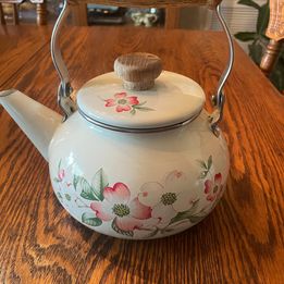 Vintage National Housewares Metal Dogwood Teapot With Wooden Handles