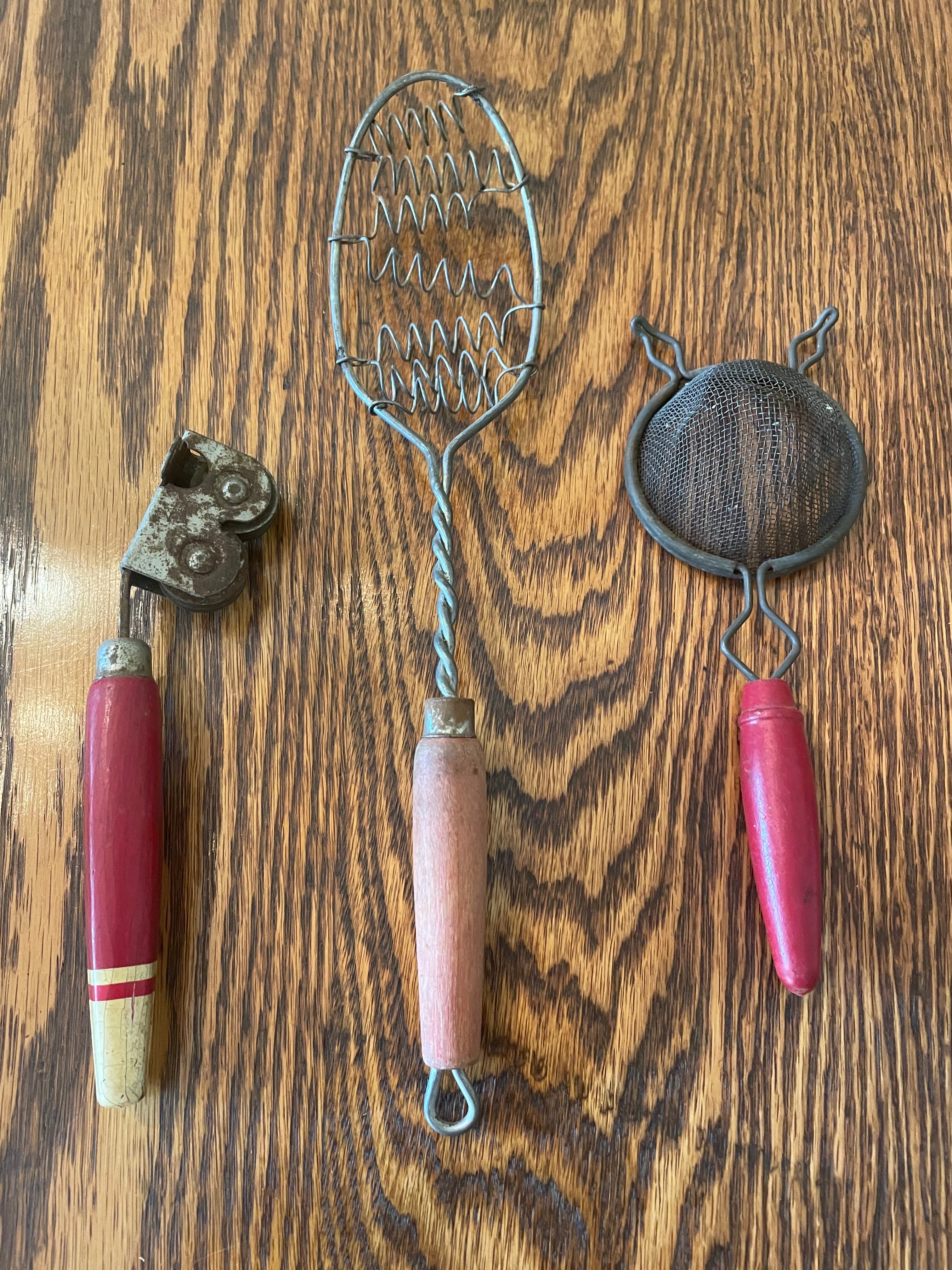 Vintage Red Handled Kitchen Utensils - Knife Sharpener, Slotted/Whip Spoon, Strainer