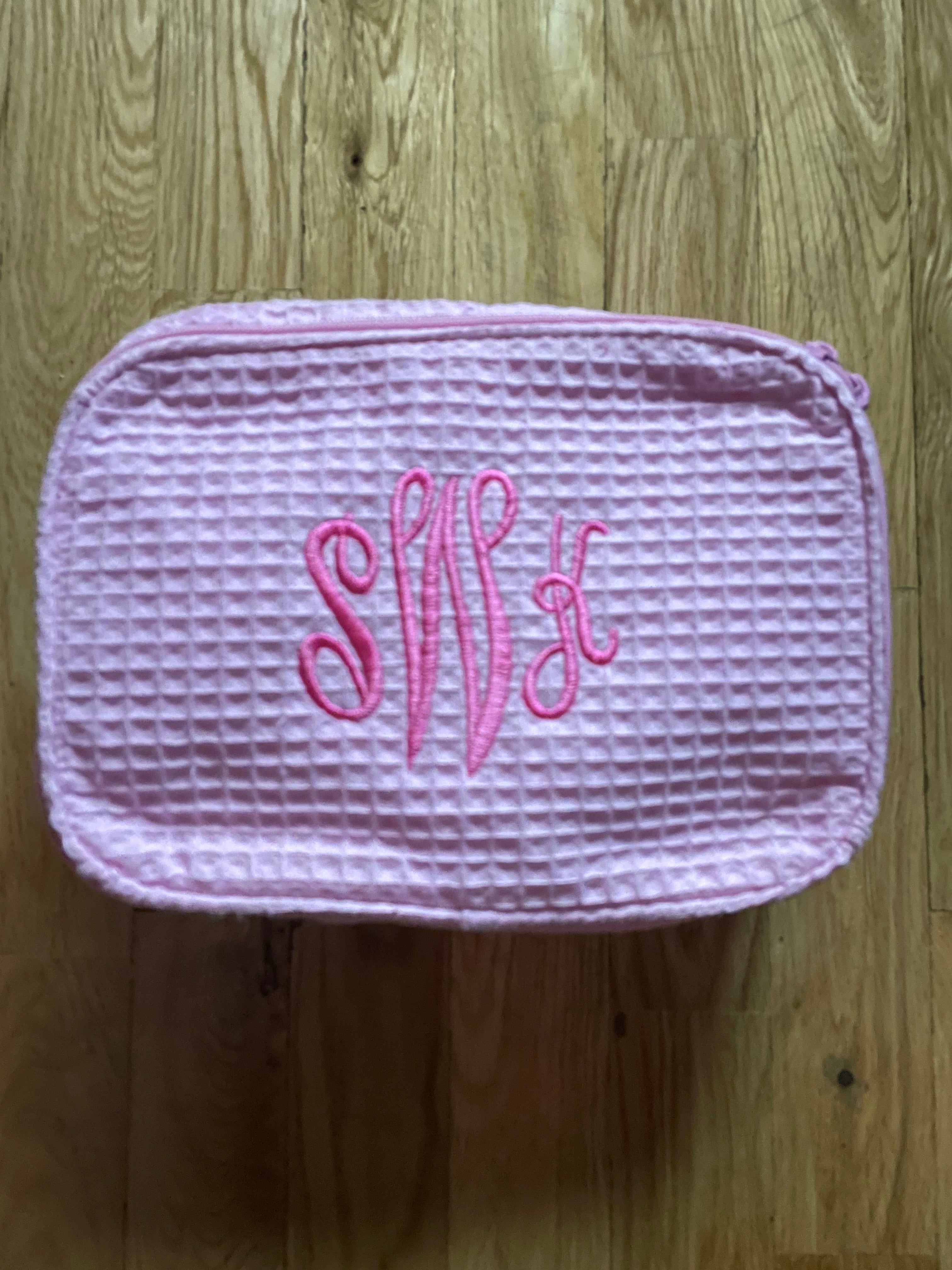 Personalized Pink Waffle Weave Cosmetic Bag