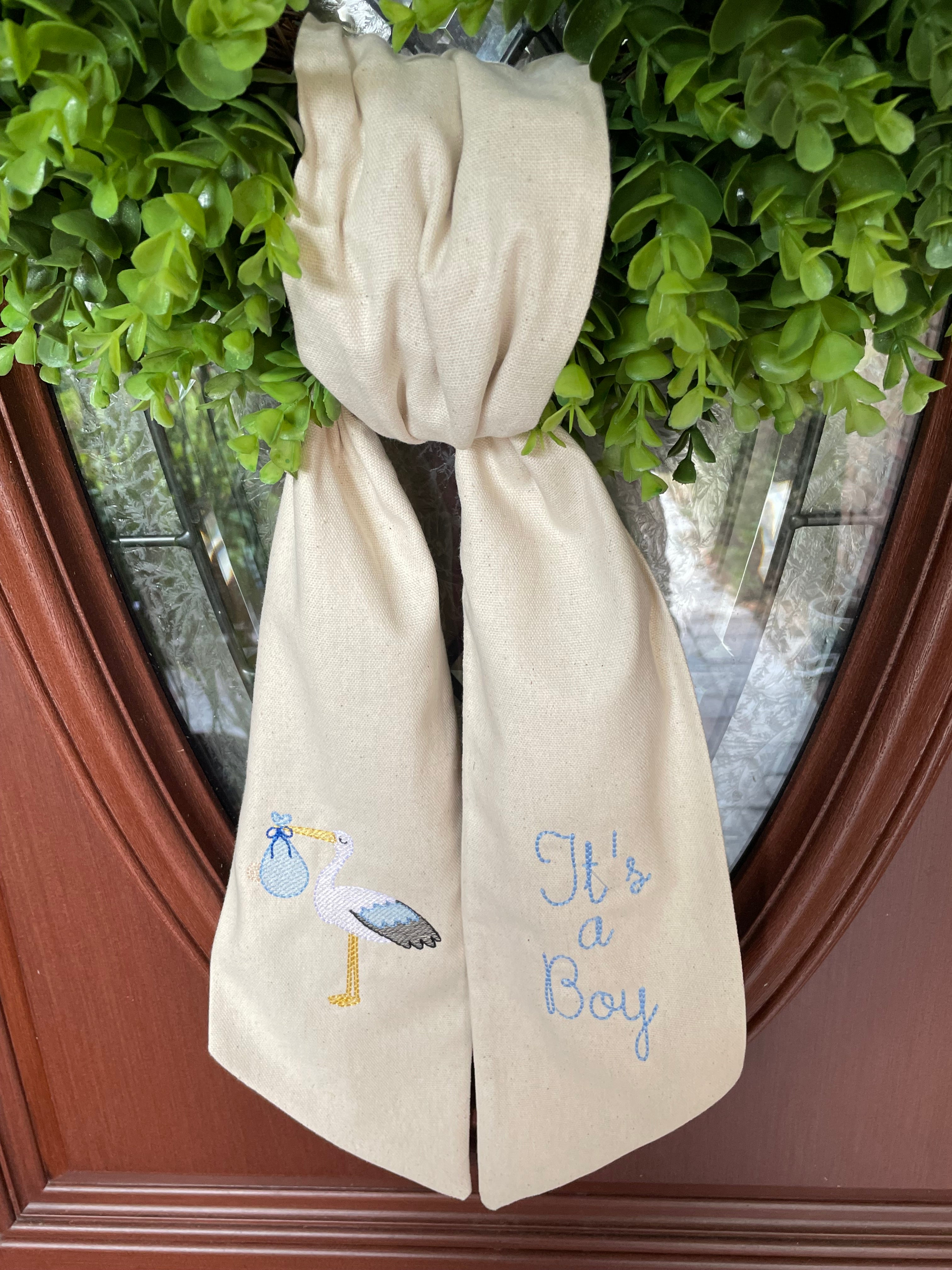 Embroidered Stork With It's A Boy Wreath Sash