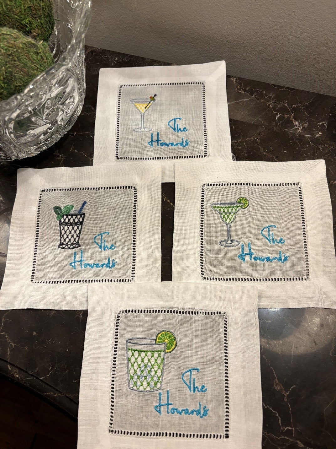 Chic, Embroidered, Personalized Cocktail Napkins with Cocktails
