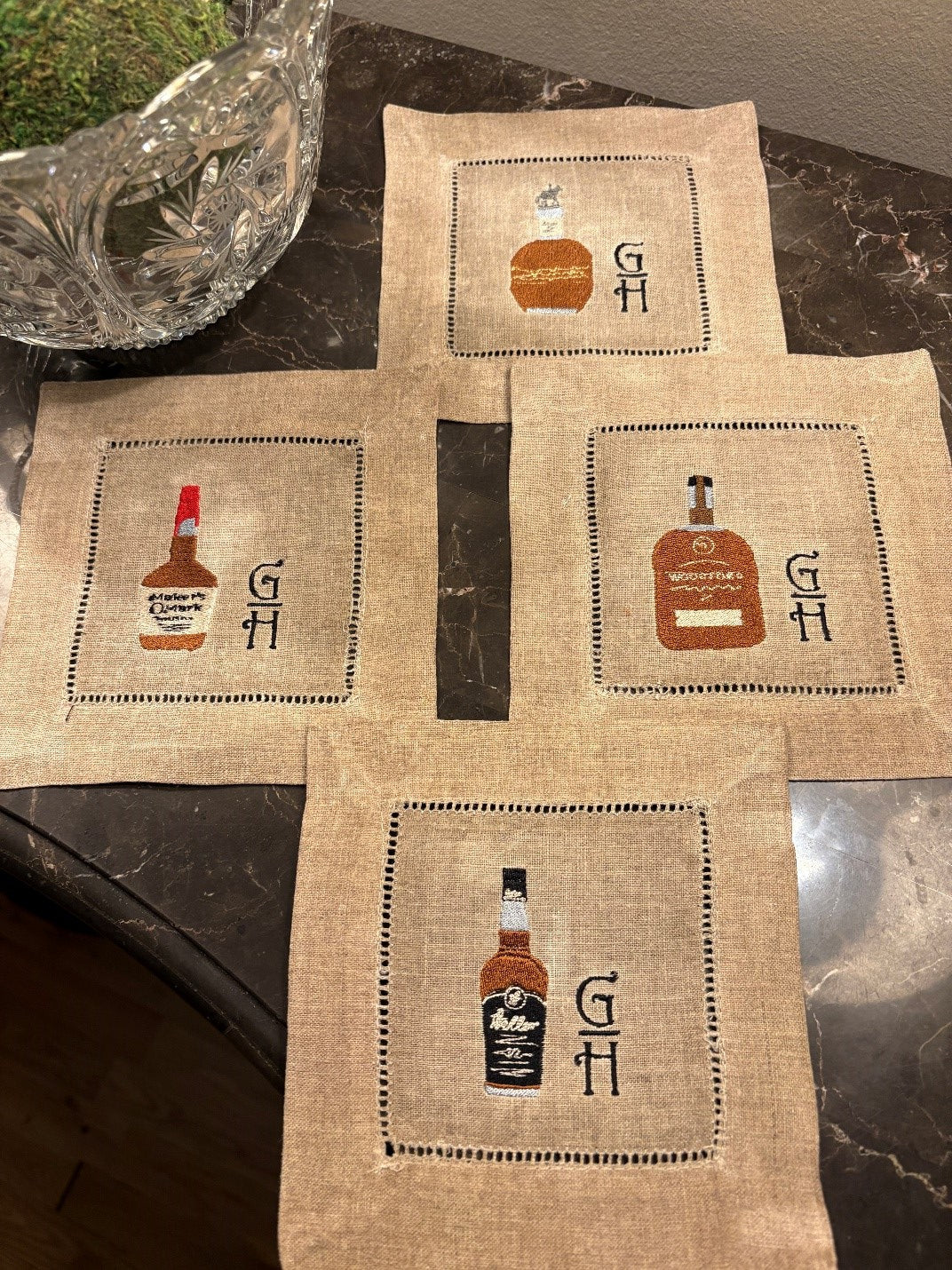 Linen Embrodered, Personalized Bourbon Cocktail Napkins